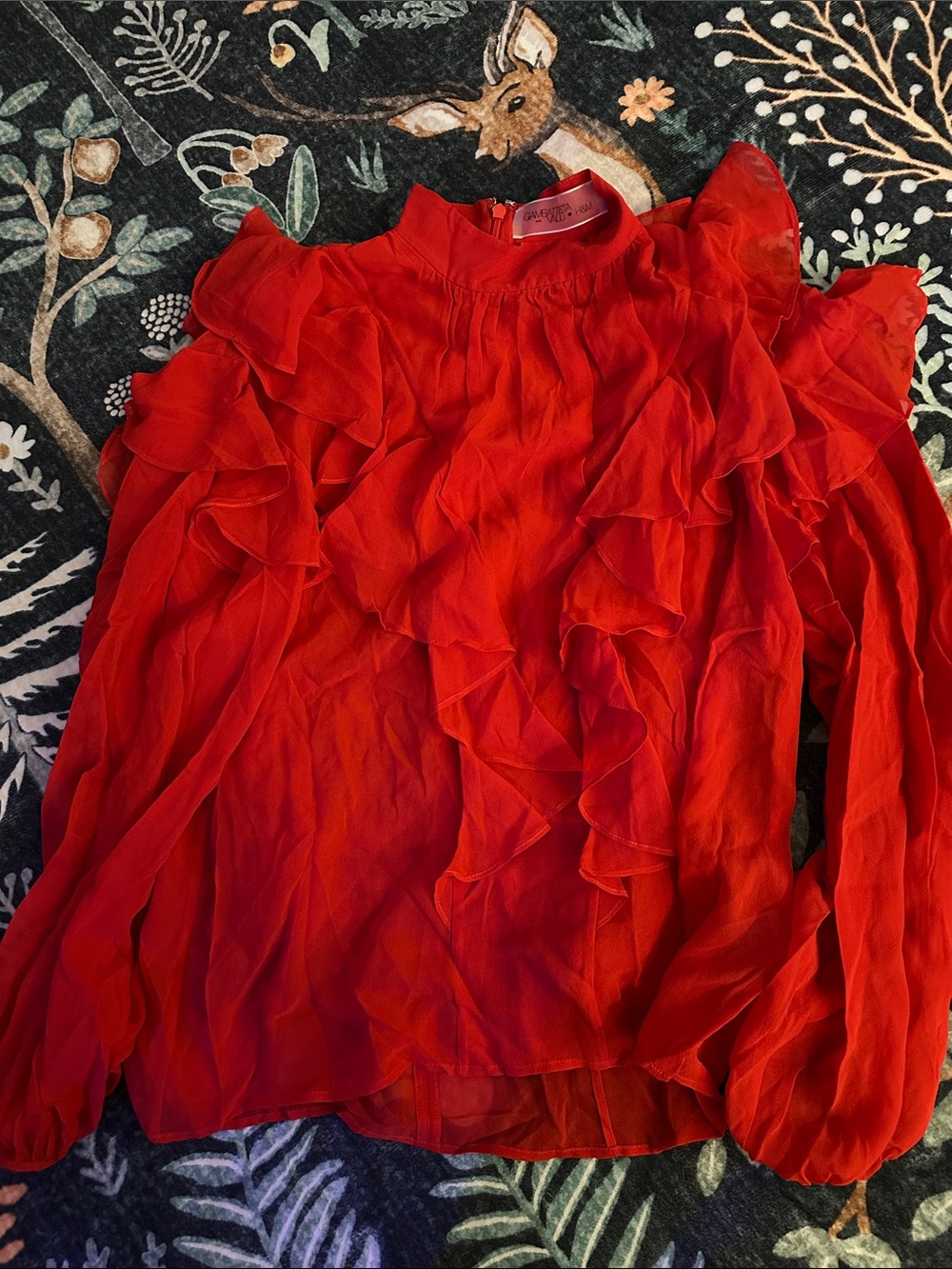 Ruffle Front Long-Sleeve Blouse - Red